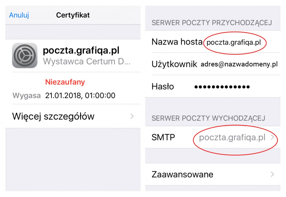 W przypadku podobnego komunikatu prosimy o sprawdzenie czy nazwa serwera wpisana jest właściwie. Tak jak na załączonym podglądzie obok..